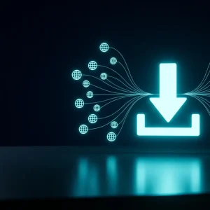 Lichtgevende downloadpijl met vertakte lijnen naar meerdere domeinsymbolen symboliseert de download van Onartline Multisite Domain Mapping